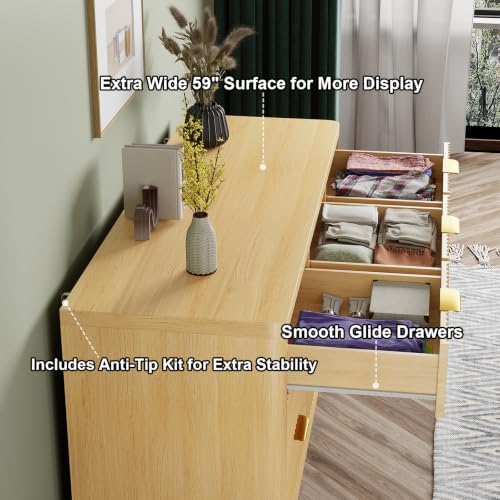 Fluted 9 Drawer Dresser for Bedroom, 59" Horizontal Wide Modern Low Profile Chest of Drawers with Metal Handle & Storage, Long Wooden Dresser TV Stand for Living Room & Closet, Natural Oak Dresser - Image 7