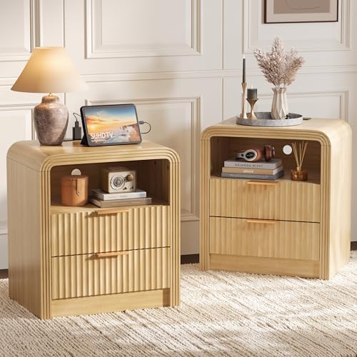 Decofy Fluted 2-Drawer Nightstand Set of 2 with Charging Station, Oak by Decofy