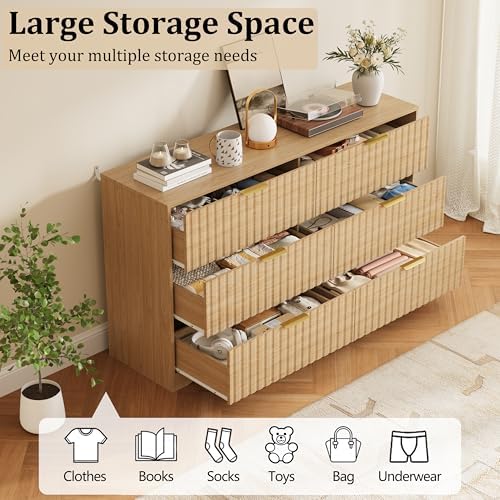 6 Drawer Dresser and Nightstand Sets for Bedroom, Modern Fluted 3 Pcs Bedroom Dresser Furniture Sets, Wood Chest of Drawers and Nightstand Set of 2 with Metal Handles, Natural Oak - Image 4