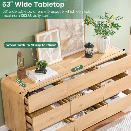 Standifurno Natural Dresser for Bedroom with 9 Drawers, 63" Wide Modern Drawers with Curved Design, Wood Drawer Organizer for Living Room, Hallway - Image 5