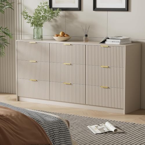 Furniway 9 Drawer Dresser for Bedroom, 63" Wide Dresser with Gold Handles, Modern Wood Chest of Drawers Storage Cabinet, Fluted Long Dresser for Bedroom, Living Room, Hallway, Beige - Image 5