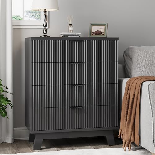 Xixini Fluted Nightstand with 4 Drawers, 31.5" Wide Side Table, Black - Image 3