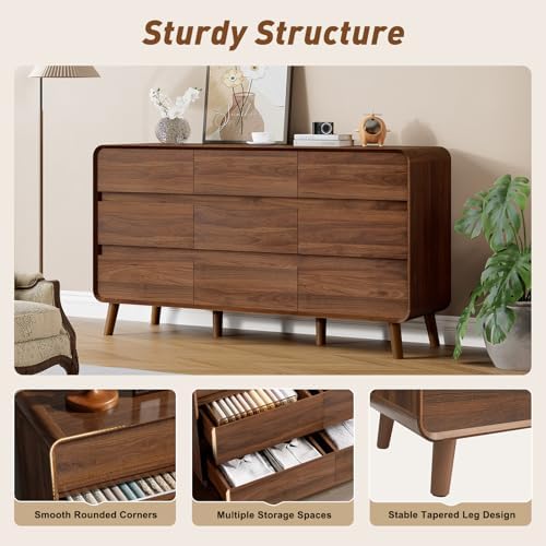 Nasonet 9 Drawer Dresser for Bedroom, 55'' Wide Mid Century Modern Wood Chest of Drawers, Large Storage Drawer Dresser TV Stand, Walnut - Image 3