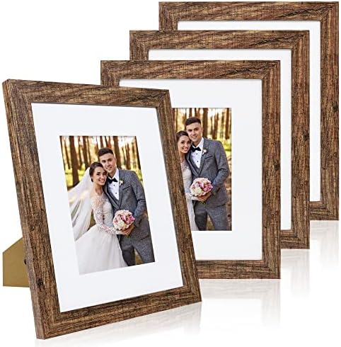 Hongkee 8x10 Picture Frame Set of 4, Made of Real Glass and Rustic Brown Wooden Frame, 8 by 10 Photo for Wall or Tabletop - Display Picture 5x7 with Mat or 8x10 Without Mat by Hongkee