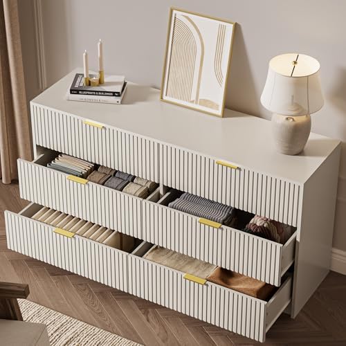 MAISONARIA 6 Drawer Dresser for Bedroom, 55" Wide Modern Chest of Drawers with Gold Metal Handles, Fluted Wood TV Stand for Living Room, Hallway(Beige) - Image 5