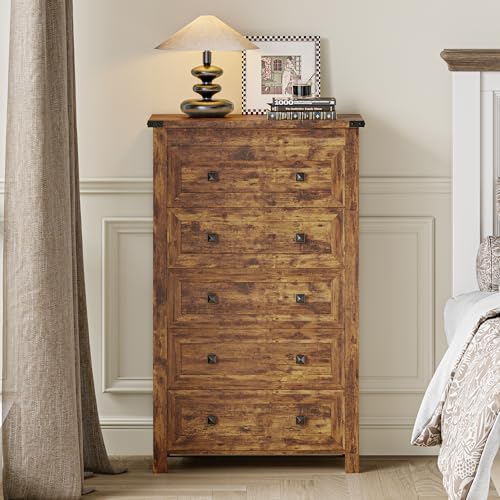 Wodeer Brown Dresser Tall 5 Drawer Dresser for Bedroom, Wooden Dressers & Chests of Drawers with Metal Handles, Modern Storage Cabinet and Organizer Drawers for Bedroom, Hallway, Entryway - Image 4