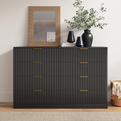 Black 8 Drawer Dresser for Bedroom, 55" Wide Fluted Chest of Drawers with Gold Metal Handles, Modern Wooden Dresser, Closet Storage Organizer Mid Century TV Stand for Living Room Hallway - Image 6