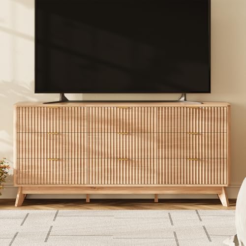 63" Wide Fluted 9 Drawers Dresser for Bedroom,Curved Edge,Oak - Image 4