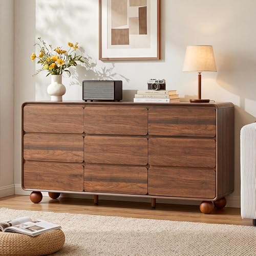 AVZEAR Modern 9 Drawer Dresser for Bedroom, 63" Wide Wooden Dresser Chest of Drawers, Handle Free & Curved Profile Design, Mid Century Closet Clothes Storage Organizer for Living Room, Walnut - Image 3