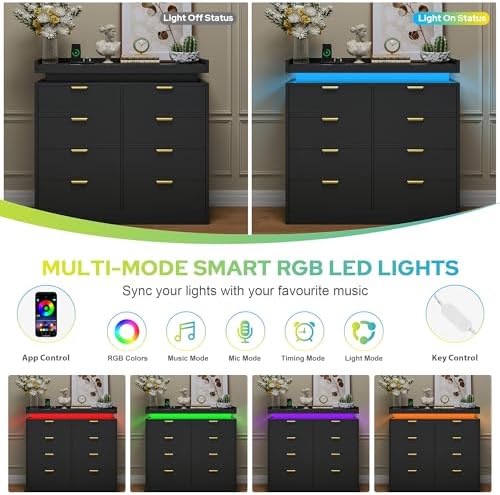 knoworld 8 Drawer Dresser for Bedroom, Black Dresser with LED Lights and Power Outlet, Large Wooden Dressers Modern Chest of Drawers, Double Wide 9 Drawer Dressers for Bedroom, Entryway, Hallway - Image 5