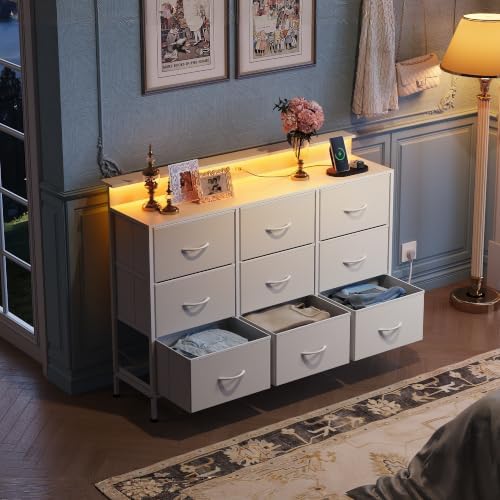 WLIVE White Dresser TV Stand 9 Drawers, Fabric Chest of Drawers LED Lights - Image 4
