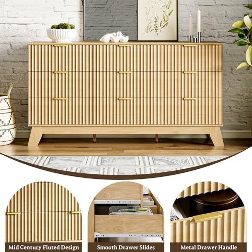 HUANLEGO Fluted Dresser for Bedroom with 9 Drawers, Oak - Image 6