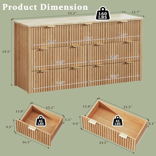 HUAHUU Fluted Dresser for Bedroom with 7 Drawers, 53" Wide Mid Century Modern Dressers with Faux Marble Top & Metal Handle, Wooden Chest of Drawers TV Stand, Natural Oak - Image 2