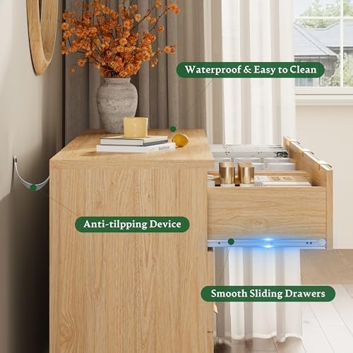 Xixini Fluted Dresser with 7 Drawers, 58" Wide Modern Chest of Drawers with Metal Handle, Wooden Dresser TV Stand, Wood Closet Clothes Storage Organizer for Bedroom, Living Room, Hallway, Natural Oak - Image 6