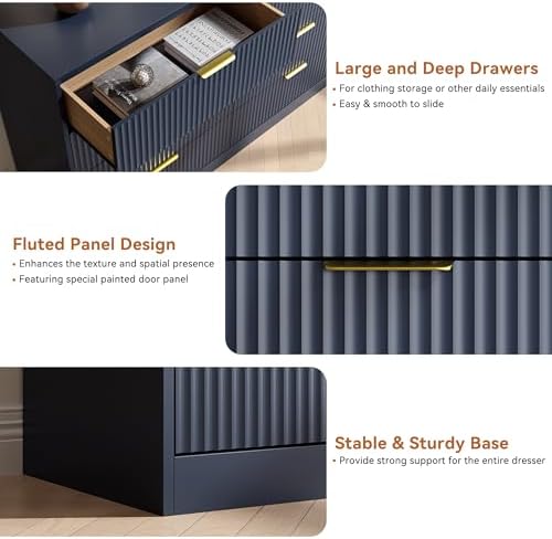 Blue Fluted Dresser Bedroom with 8 Drawer,55” Wide White Double Drawer Dresser Modern Chest of Drawers with Gold Handles,Wood TV Stand for Bedroom,Living Room (Blue, 8 Drawer Dresser) - Image 6