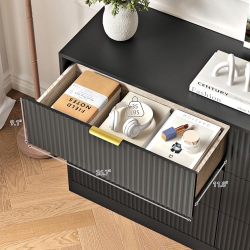 6 Drawers Fluted Dresser for Bedroom, 55" Wide Wooden Dresser with Deep Drawers, Large Floor Chest of Drawers, Modern Long TV Stand, Storage Cabinet Side Table, Black - Image 3