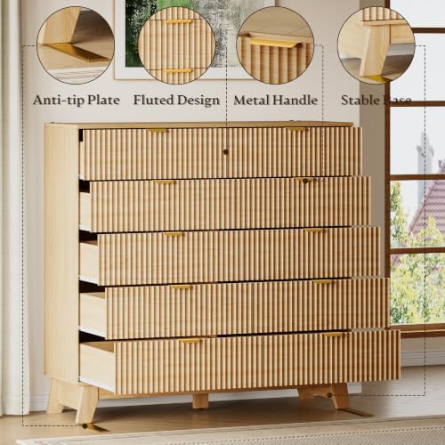 BORNOON 46" Tall Dresser for Bedroom, 10-Drawer Fluted Chest of Drawers, Modern Wood Highboy with Metal Slides and Handles, Anti-Tip Kit, Vertical Clothes Storage Organizer for Apartment, Closet - Image 4