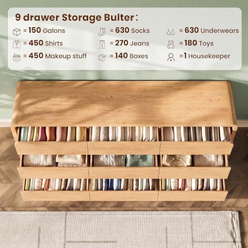 Modern 63" Wide 9 Drawers Dresser with Curved Profile Design,Oak - Image 4