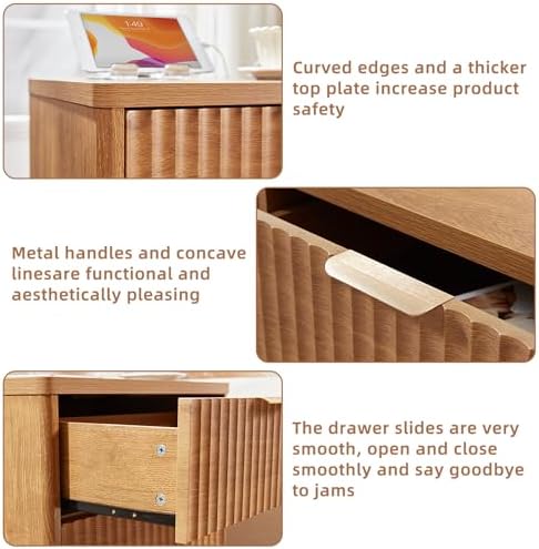 LEYAOYAO Fluted Nightstand with Charging Station, 23" Modern Night Stand with Woodgrain Top, 3 Drawers End Table w/Storage, Bedside Tables for Bedroom, Living Room, Curved Profile Design,Brown - Image 6