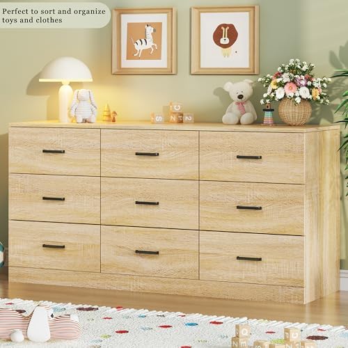 HUAHUU 9 Drawer Dresser for Bedroom, 60'' Long Mid Century Modern Dressers TV Stand, Wood Vintage Chests of Drawers, Large Storage Organizer for Bedroom, Closet, Entryway, Natural Oak - Image 2