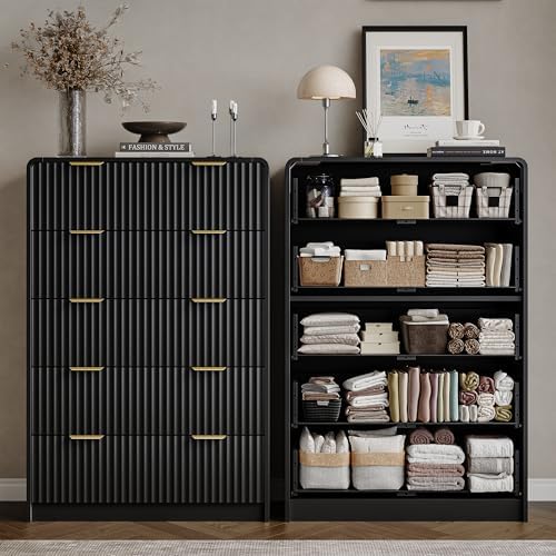 HOUROM 47" Tall Black Fluted Dresser for Bedroom, 5 Drawers Dresser - Image 6