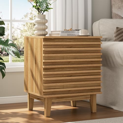 Wood Slat Nightstand, Natural Wood Textured Bedside Table with 2 Drawer Handle-Free Metal-Glide Drawer for Bedroom by Lamohome
