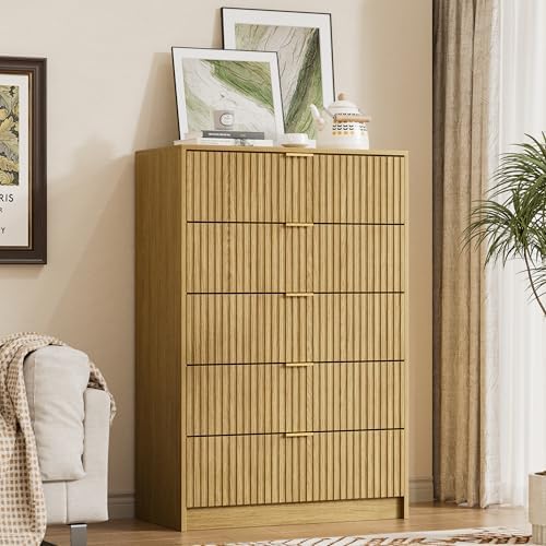 Furniway Mid Century Modern Dresser for Bedroom, 5 Drawer Tall Wood Dresser with Fluted Front, Chest of Drawers for Closet, Living Room, Hallway, Natural Oak by Furniway