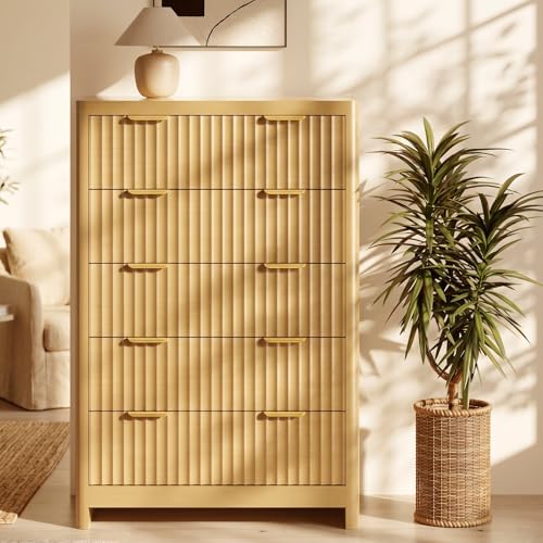 Fluted 47" Tall Dresser for Bedroom with 5 Drawers, Modern Chest of Drawers with Metal Handle & Deep Storage, Wood Closet Clothes Storage Organizer for Living Room & Hallway, Natural Oak Dresser - Image 7
