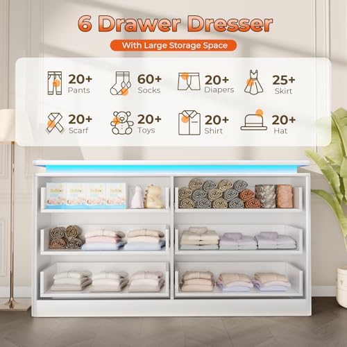6 Drawer Dresser for Bedroom,47.24"Long White Chest of Drawers w/LED Lights - Image 3