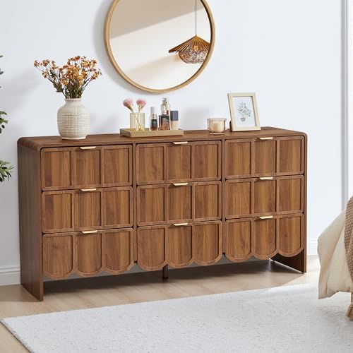 ORRD 9 Drawer Dresser for Bedroom, Modern Closet Chest of Drawers with Wave Fluted Drawer, Wood Storage Small Dresser Organizer for Nursery Bedroom Living Room Hallway Closet (Walnut) - Image 3