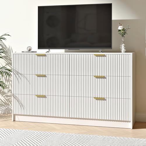 White Dresser with 6 Drawer 55" Wide Fluted Dresser for Bedroom丨Modern Chest of Drawer with Metal Handles, Wood TV Stand for Bedroom, Living Room, Entryway, Hallway, White - Image 7