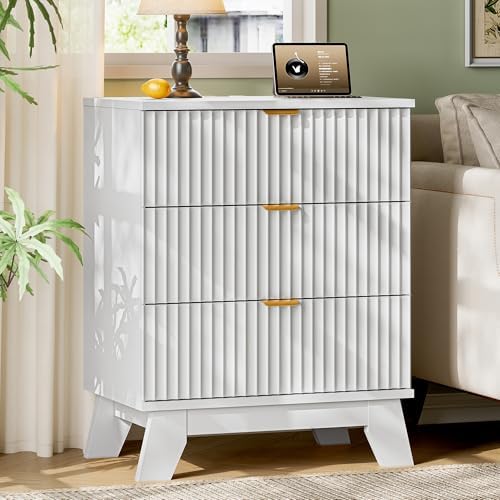 Xixini Fluted Nightstand with Charging Station, Tall Bedside Table, White - Image 3