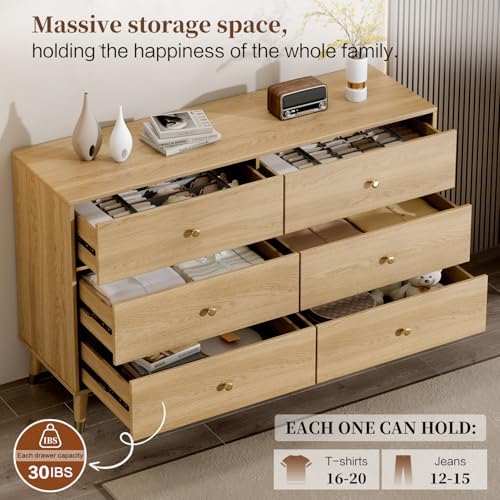 Chrangmay 6 Drawer Dresser,47.24" Wide Mid Century Chest of Drawers,Wooden Bedroom Drawer Dresser with 9 Storage Drawers for Bedroom,Living Room,with Anti-Tipping Device,Oak - Image 3
