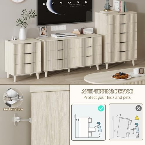 Lulive 3 Drawers Dresser with Socket, Modern Wooden NightStands - Image 3