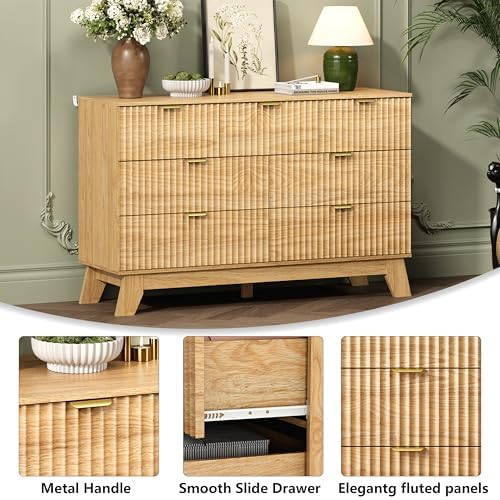 Wodeer 7 Drawer Fluted Dresser for Bedroom, Mid Century Modern Wooden Dresser with 7 Drawers, Dressers & Chests of Drawers with Metal Handle, TV Stand & Storage Organizer for Entryway, Hallway, Oak - Image 5