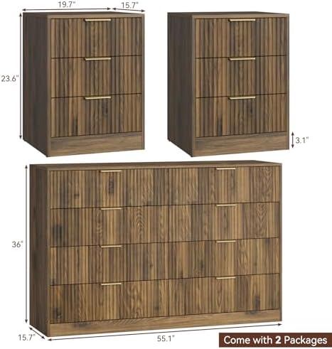 6 Drawer Dresser & 3-Drawer Nightstand Set 3-Piece, Walnut丨Long Dresser and Night Stand Set of 2 with Metal Handle, Fluted Modern Wood Chest of Drawers Storage Dressers Set for Bedroom - Image 2