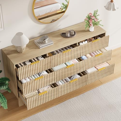 GarveeHome 59" Wide Fluted 9 Drawers Dresser, Oak - Image 6
