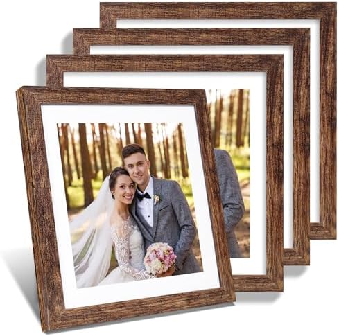 Hongkee 12x12 Picture Frame Set of 4 - Made of Glass and Rustic Brown Wooden Frame, Display Square Pictures 10x10 with Mat or 12 x 12 without Mat, Desktop & Wall Collage Photo Frame by Hongkee