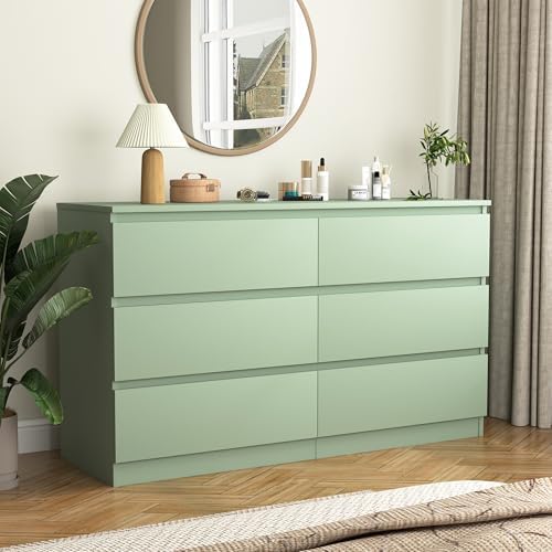 Vibe & Dine 6 Drawer Double Dresser, Modern Chest of Drawers with Wide Storage for Closet, Bedroom, Living Room (Light Green) - Image 4