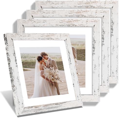 Hongkee 10x10 Picture Frame Set of 4, Made of Glass and Distressed White Wooden Frame - Display Picture 8x8 with Mat or 10 x 10 Without Mat, 10 by 10 Photo for Wall or Tabletop by Hongkee