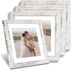 Hongkee 10x10 Picture Frame Set of 4, Made of Glass and Distressed White Wooden Frame - Display Picture 8x8 with Mat or 10 x 10 Without Mat, 10 by 10 Photo for Wall or Tabletop by Hongkee
