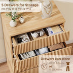 Fluted 5 Drawer Dresser for Bedroom, 43" Tall Dresser for Bedroom, Modern Fluted Chest of Drawers, Handle-Free/Floor-Mounted Wood Drawer Dresser for Living Room, Bedroom, Entryway, Hallway (Oak) - Image 4