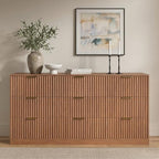 9 Drawer Dresser for Bedroom, 63" Wide Modern Fluted Chest of Drawers, Wooden Dresser with Gold Metal Handles, Mid Century Large Dresser TV Stand for Living Room Hallway Light Walnut by RESOM