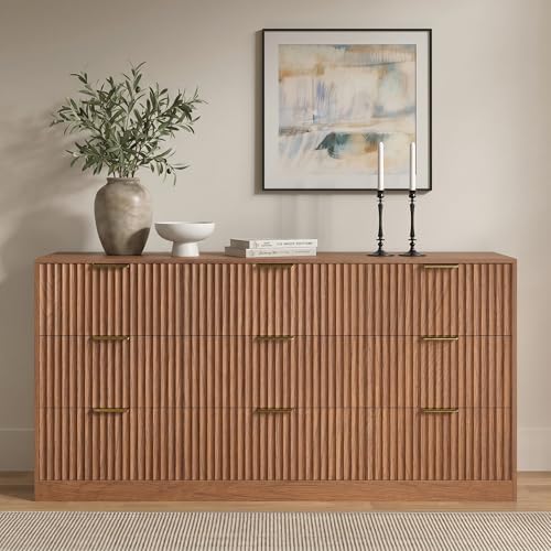 9 Drawer Dresser for Bedroom, 63" Wide Modern Fluted Chest of Drawers, Wooden Dresser with Gold Metal Handles, Mid Century Large Dresser TV Stand for Living Room Hallway Light Walnut by RESOM