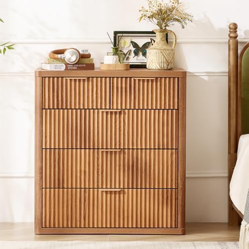 LEYAOYAO Fluted 5 Drawers Dresser for Bedroom, 34" Tall Modern Chest of Drawers with Metal Handle, Curved Profile Design,Brown Wood Drawer Organizer for Bedroom, Living Room, Hallway, Entryway - Image 4