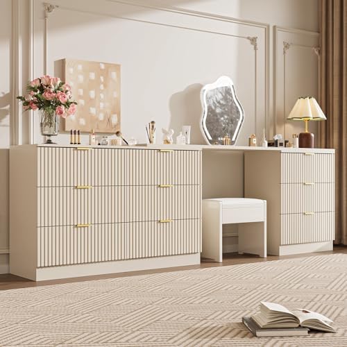 MAISONARIA L-Shaped Rotatable 9 Drawer Dresser for Bedroom, 71" Wide Deformable Beige Dresser with Gold Metal Handles, Modern Fluted Chest of Drawers for Bedroom, Living Room, Entryway, Hallway - Image 5