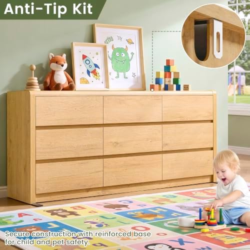 Modern 9 Drawers Dresser for Bedroom, 63” Wide Large Dressers & Chest of Drawers, Front Rounded Corner Handleless Design, Storage Dressers Organizer for Hallway, Living Room, Natural Color - Image 6