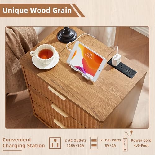 LEYAOYAO Fluted Nightstand Set of 2 with Charging Station,23" Modern Nightstand with Woodgrain Top, 3 Drawer End Table w/Storage, BedsideTables for Bedroom, Living Room, Curved Profile,Brown - Image 5