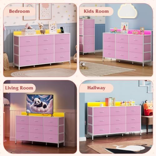 WLIVE Dresser TV Stand with LED Lights & Power Outlets for 55 Inch TV, Pink - Image 3