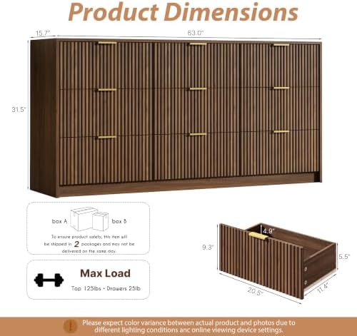 MAISONARIA 9 Drawer Dresser for Bedroom, 63" Wide Modern Fluted Dresser with Gold Metal Handles, Chest of Drawers for Bedroom, Living Room, Entryway, Hallway, Walnut - Image 2
